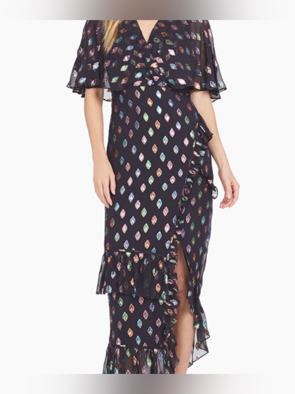 SALONI Rose Silk Metallic Lurex Cape Ruffle maxi dress black multicolor Diamond